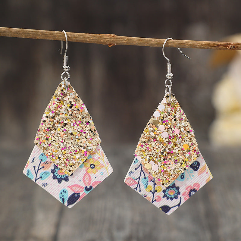 Wholesale  retro diamond sequins double-layer pattern personality trendy leather earrings