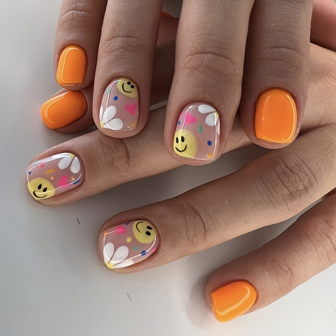 Wholesale 24 Pieces/box Smiley Flowers Orange Love Manicure Press-on Nails Kits Nail Stickers ACC-NS-GuaiXL047
