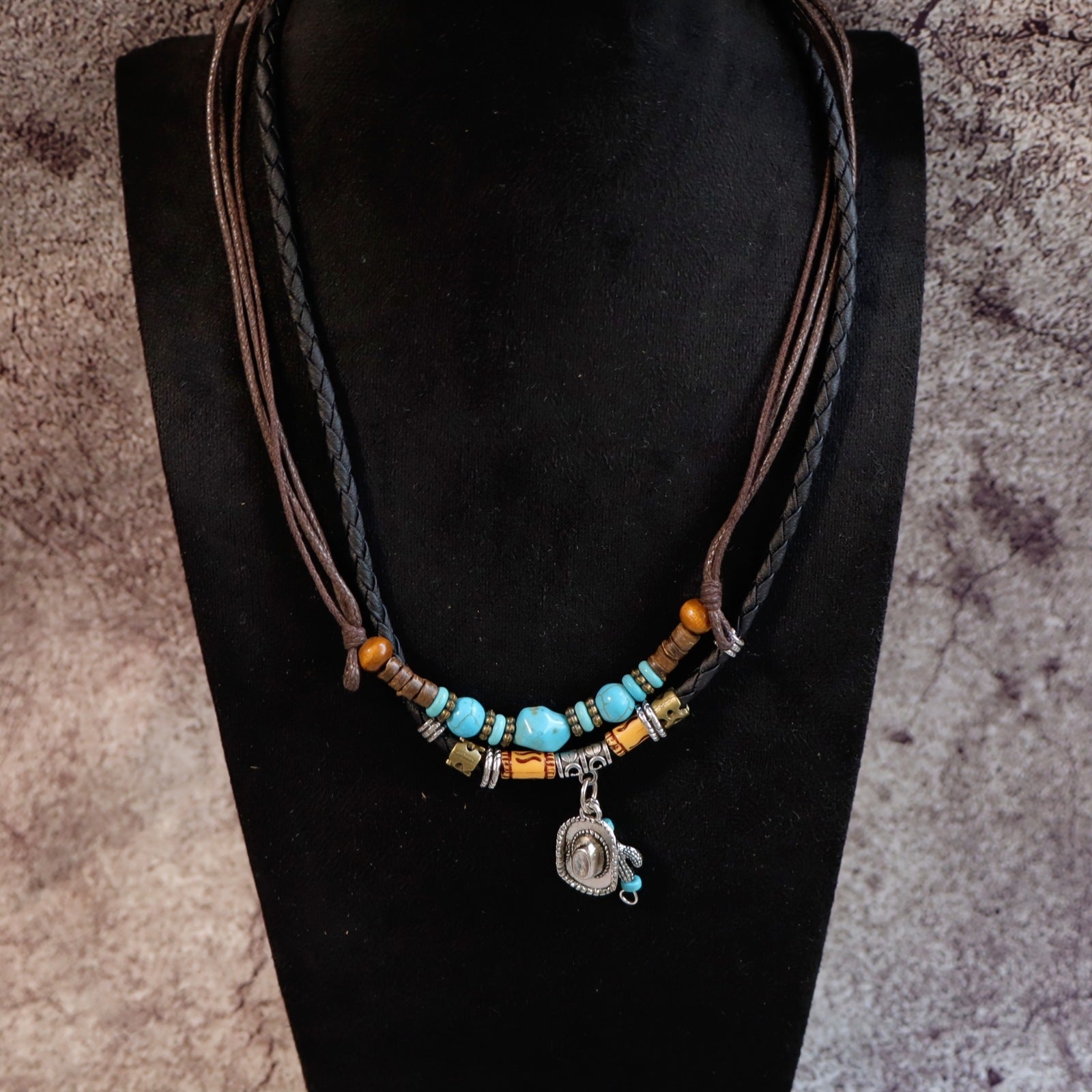 Wholesale Handmade Leather Layered Wood Bead Necklace With Turquoise Pendant Vintage Retro Unisex Fashion Jewelry Gift