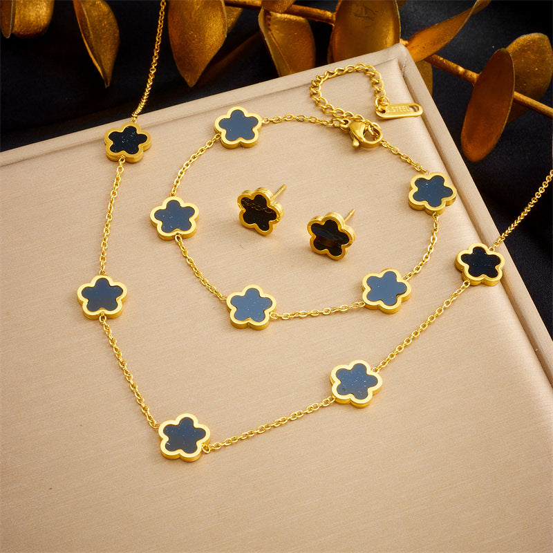 Wholesale Five Petal Flower Stainless Steel Gold Plated Earrings Bracelet Necklace Set ACCVIP-NE-QianYue001
