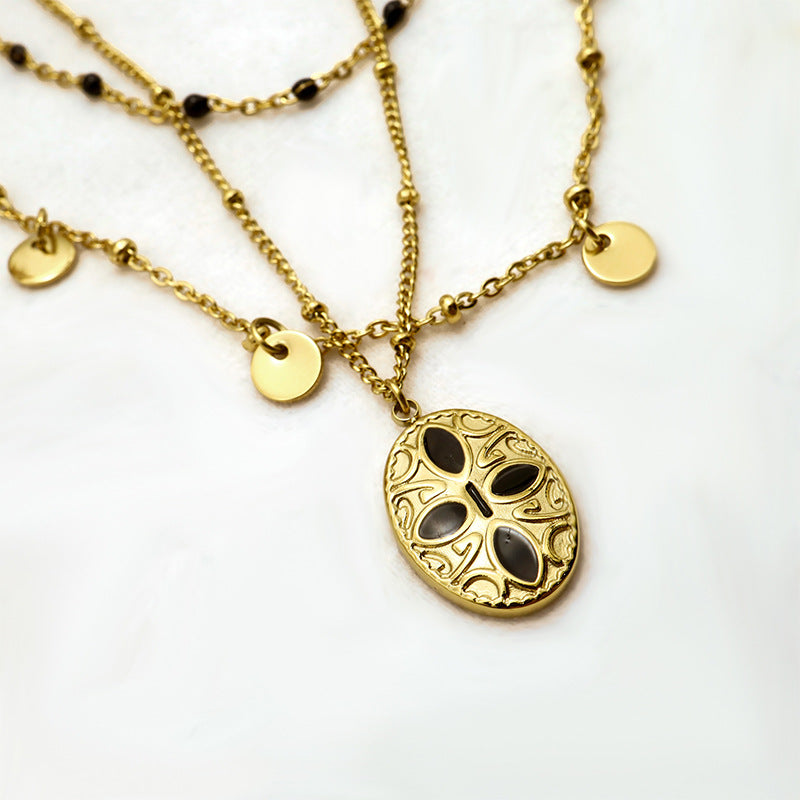 Wholesale Titanium Steel Oil Dropping Oval Pendant Multi-Layer Necklace