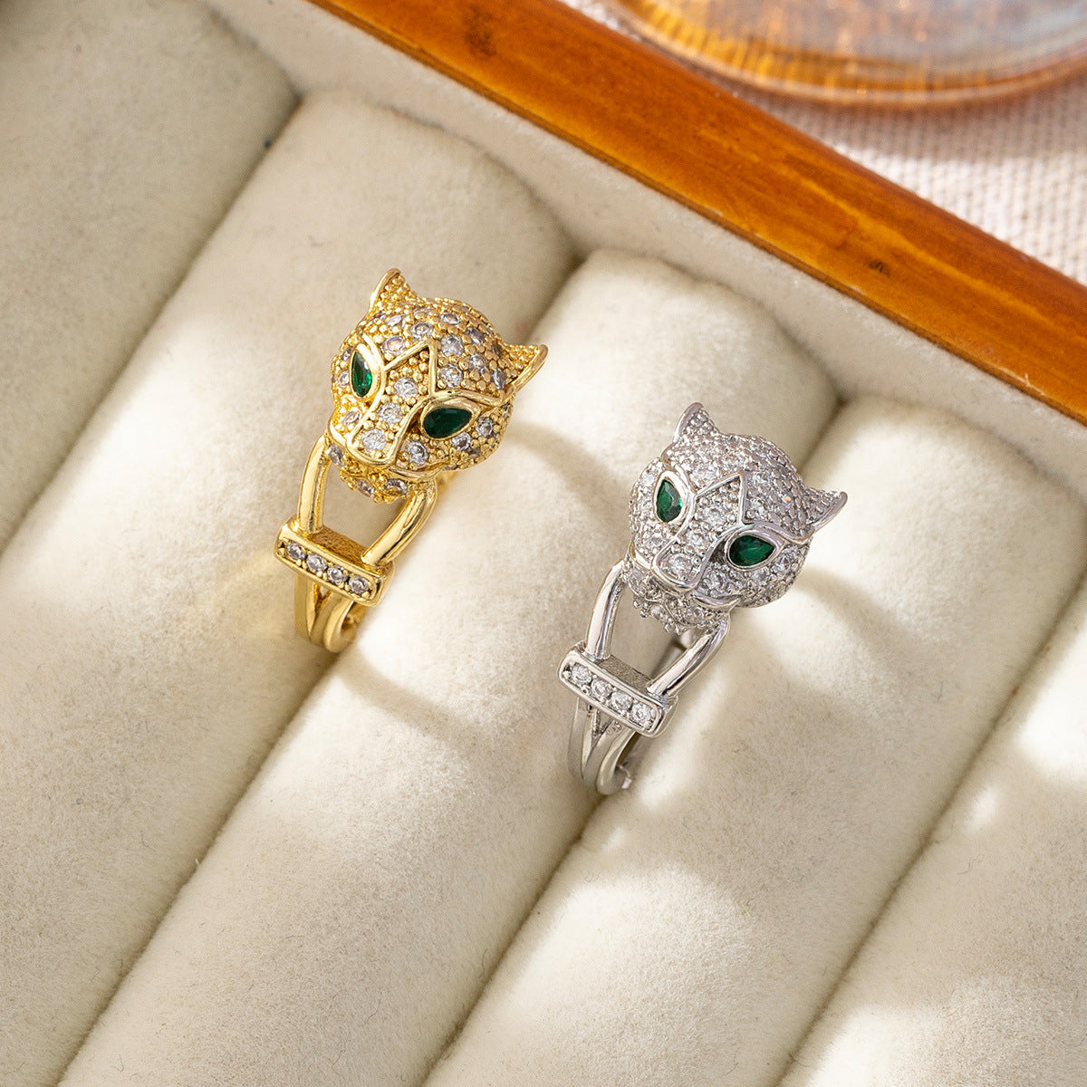 Wholesale Gold Plated Copper Leopard Head Open Ring Hip Hop Unisex Zircon Jewelry Fashion Accessory Gift And Boutique Resale