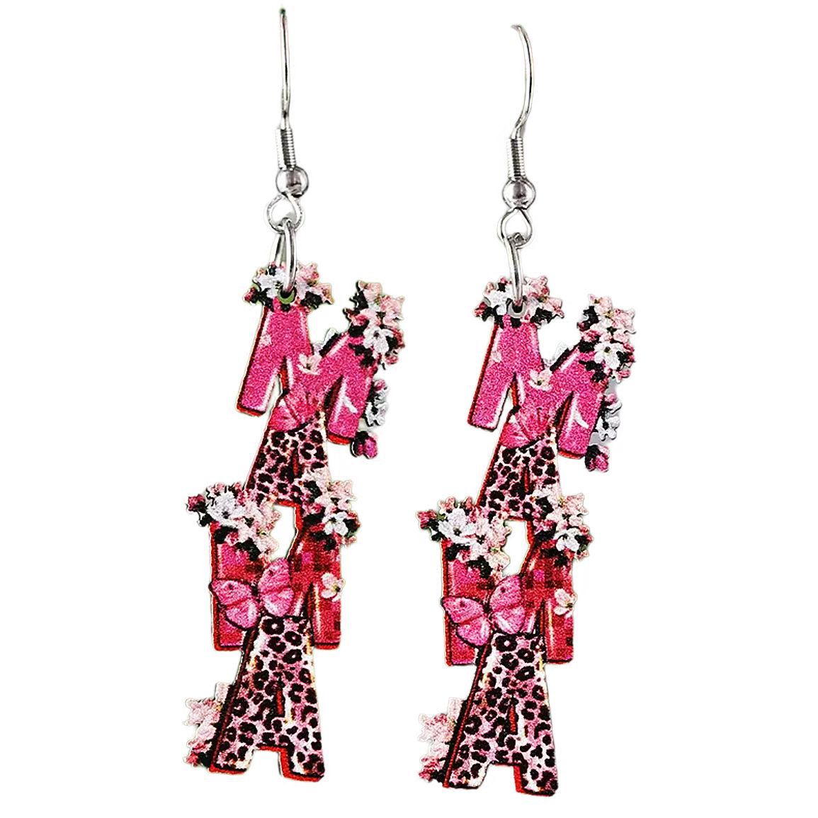 Wholesale Mother's Day MAMA leopard print wooden earrings ACC-ES-AnDao004