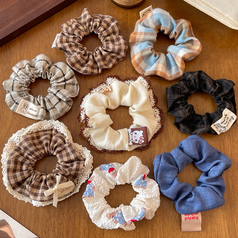 Wholesale Sweet College Style Milk Blue Plaid Lace Scrunchie With Cream Bow Fashion Hair Accessory For Boutique Resale