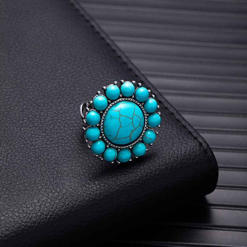 Wholesale Retro Bohemian Silver Flower Imitation Turquoise Ring - Fashion Accessory for Boutique Resale