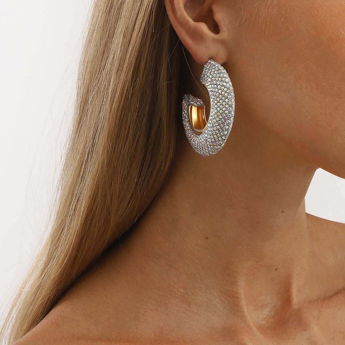 Wholesale full diamond C-shaped earrings temperament niche design earrings