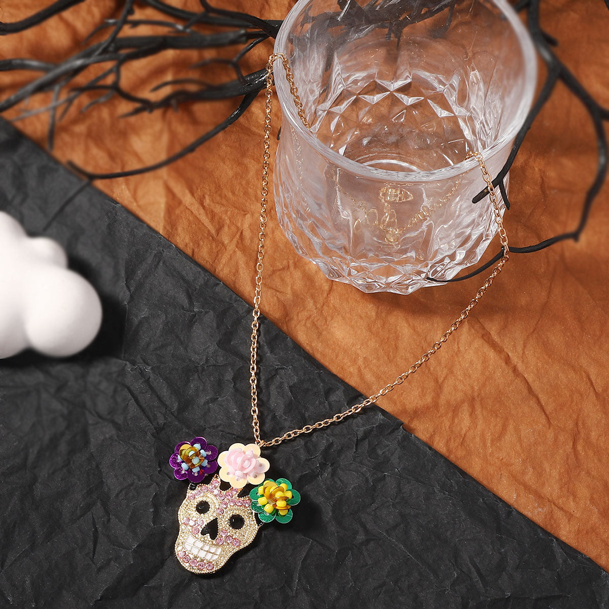 Wholesale  colorful alloy inlaid zircon flower skull necklace
