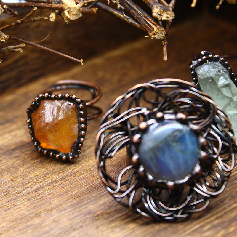 Wholesale natural stone personality retro unshaped pull stone aquamarine original stone ring