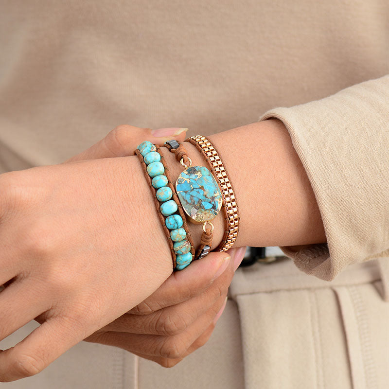 Wholesale Bohemian Style Emperor Stone Cut Angle Turquoise Hand-woven Triple Wrap Leather Cord Bracelets ACC-BT-LZ010