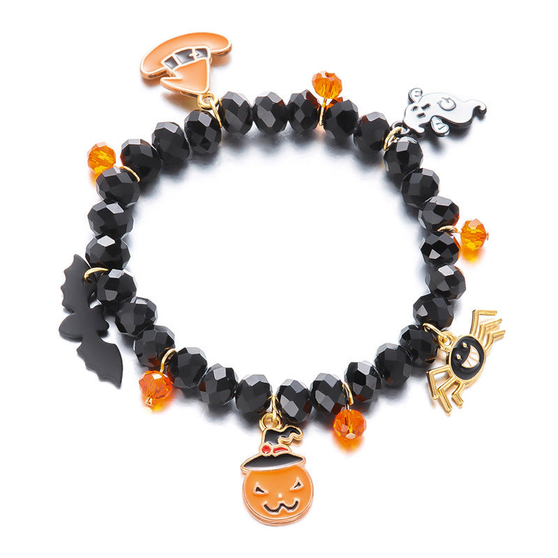 Wholesale  Ghost Pumpkin Lantern Bracelet Cartoon Bat Alloy Pendant Crystal Beaded Women' s Fashion Accessory