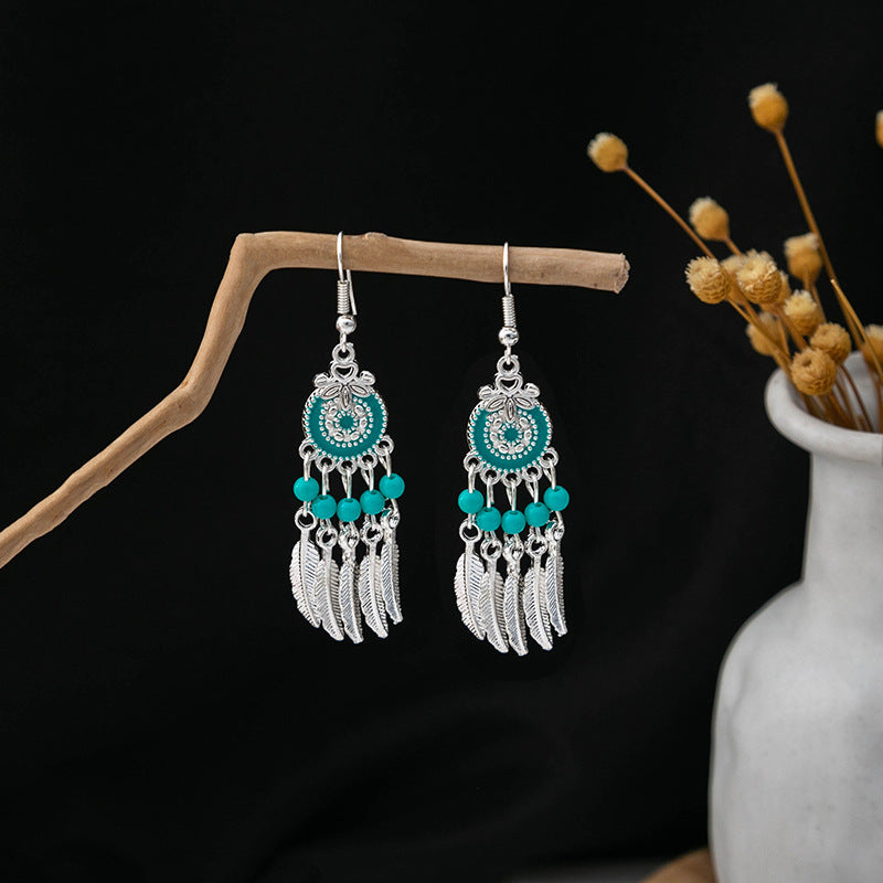 Wholesale Ethnic Style Long Feather Alloy Tassel Earrings ACC-ES-MDD023