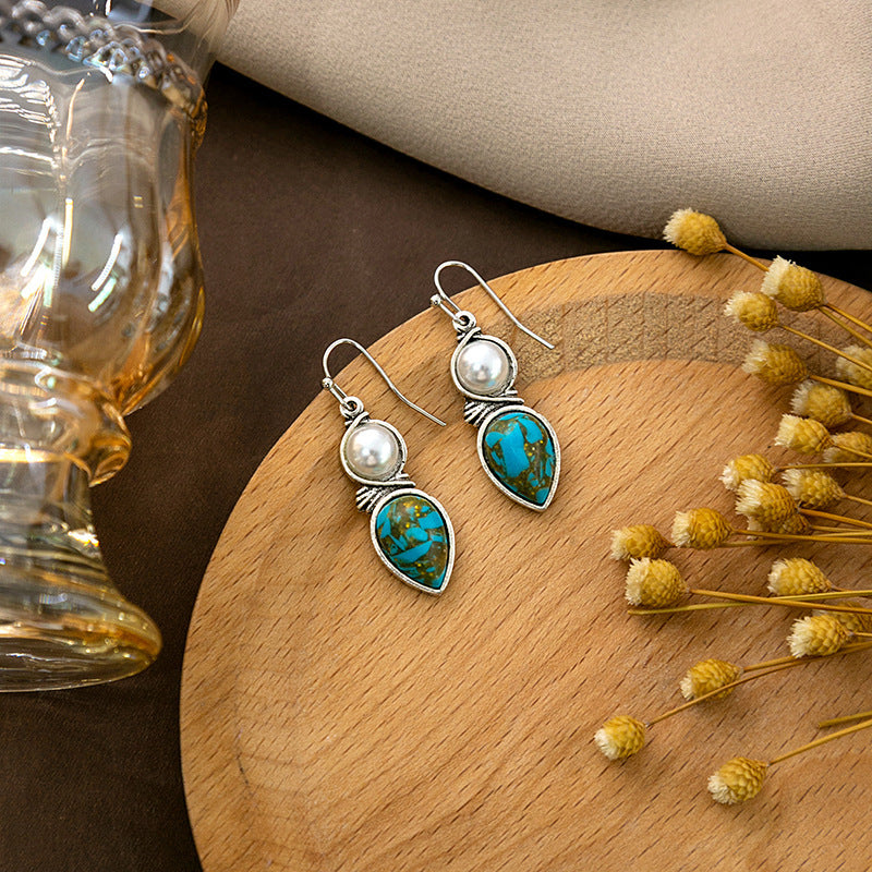 Wholesale pearl earrings  retro feather turquoise earrings
