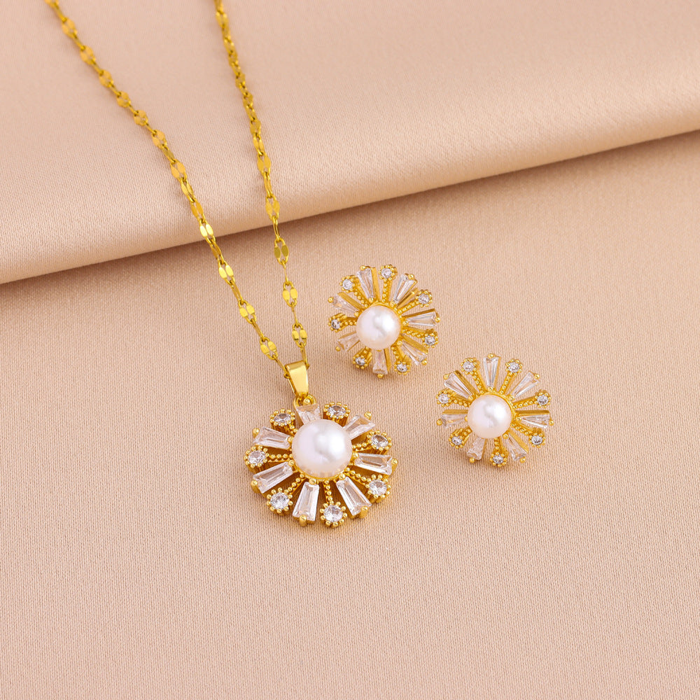 Wholesale Titanium Steel Light Luxury Design Pendant Necklace Earrings Jewelry suit