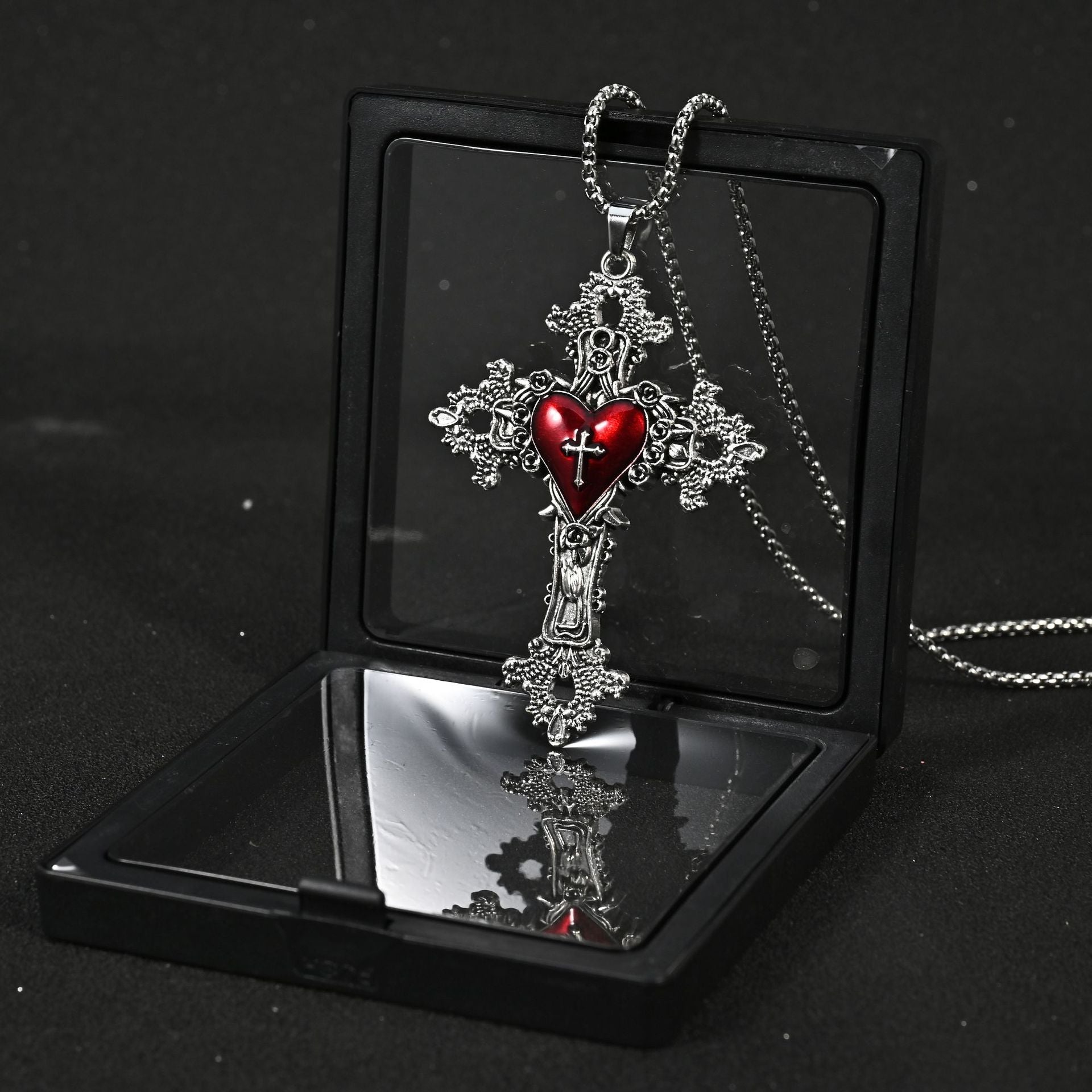 Wholesale Gothic Vampire Punk Rock Cross Pendant Necklace Pink Enamel Finish Stainless Steel And Zinc Alloy Square Pearl Chain Jewelry Accessory For Boutique Resale