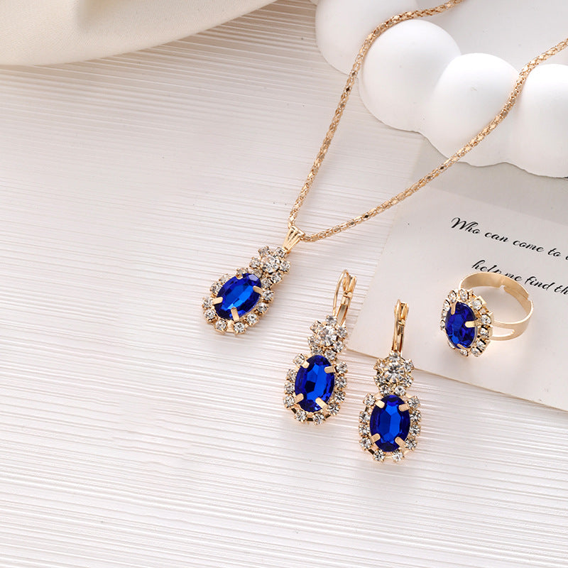 Wholesale Diamond Teardrop Oval Necklace Ring Bracelet Earrings Four-piece Sets ACC-NE-ChaoKai014