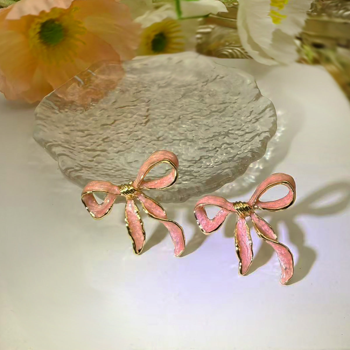 Wholesale elegant enamel colored brushed bow earrings