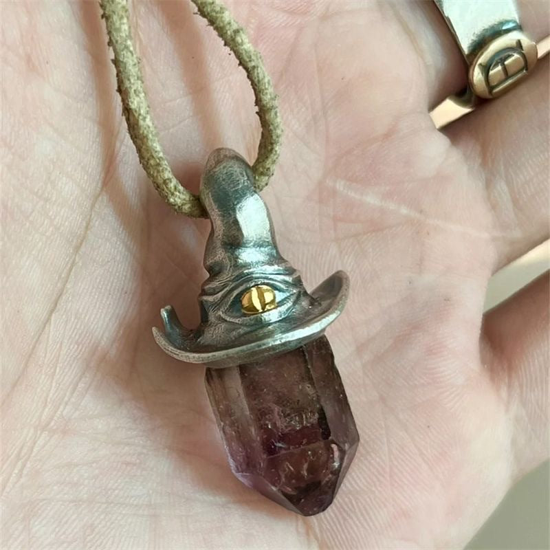Wholesale  Retro Natural Amethyst Hexagonal Column Witch Hat Pendant Necklaces