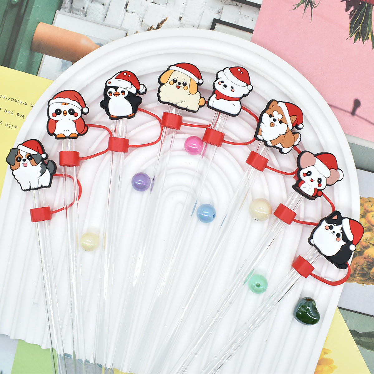 Wholesale Random 100pcs Christmas Cartoon Puppy 10mm PVC Soft Straw Tube Cap ACC-SCR-RYY094