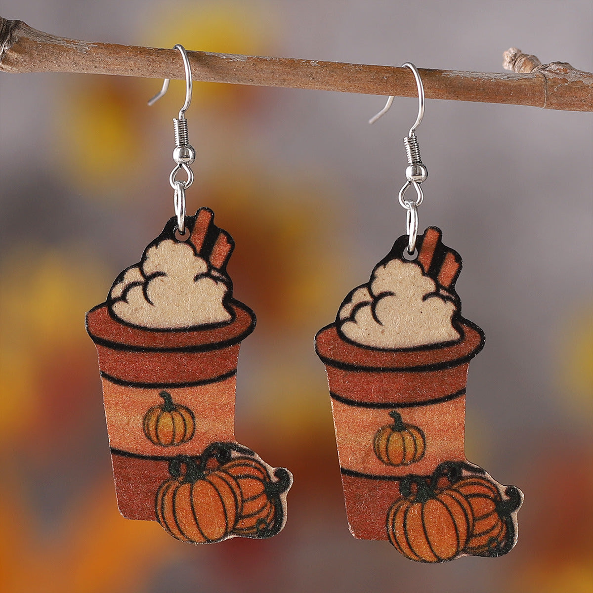 Wholesale Thanksgiving Pumpkin Cream Latte Coffee Cup Wood Earrings ACC-ES-ChuLian057
