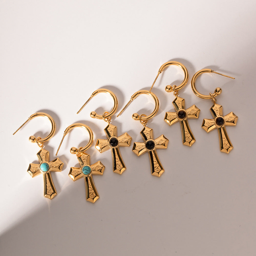 Wholesale Natural Stone Gold Beads Cross Pendant Earrings ACC-ES-WanX007