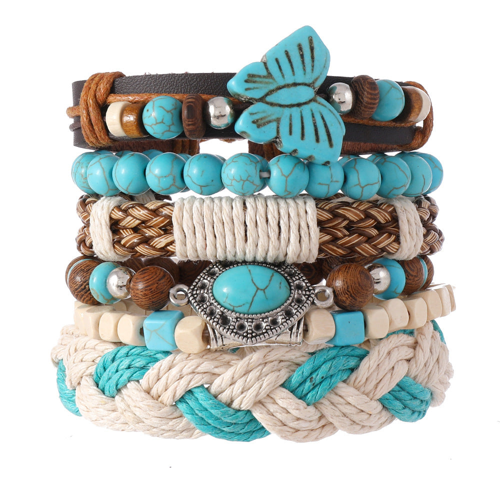 Wholesale Bohemian Men S Six Layer Leather Wood Bead Bracelet Butterfly Design Stylish Jewelry Accessory Everyday Party Gift For Boutique Resale
