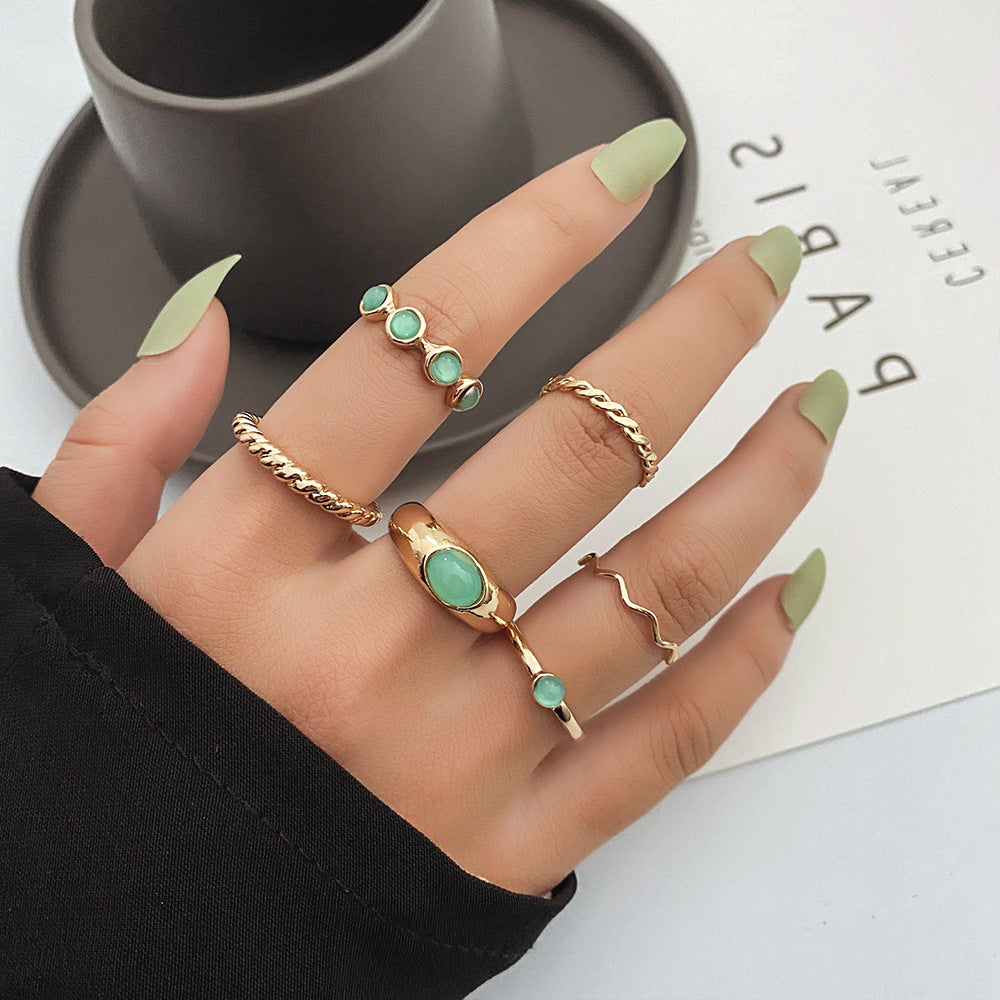 Wholesale  turquoise twist ring 6-piece gold wave knuckle ring