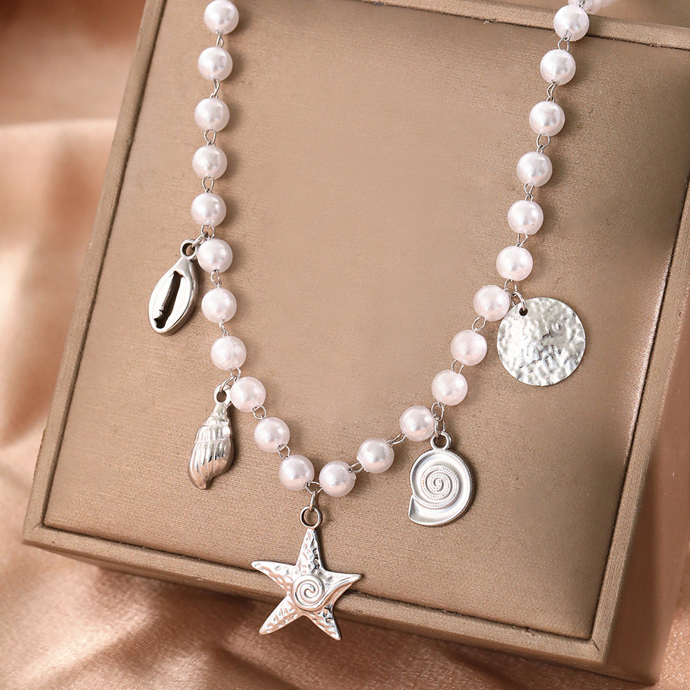 Wholesale Electroplated Stainless Steel Imitation Pearl Starfish Pendant Necklace Ocean Style Women S Fashion Jewelry Accessory For Resale