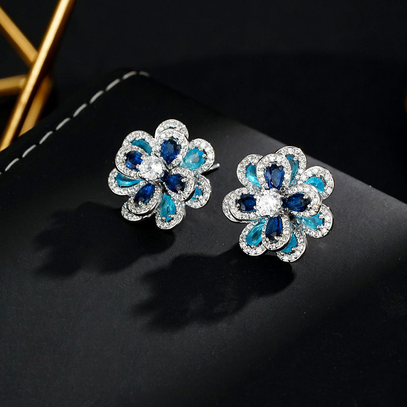 Wholesale sapphire blue double-layer flower zircon earrings