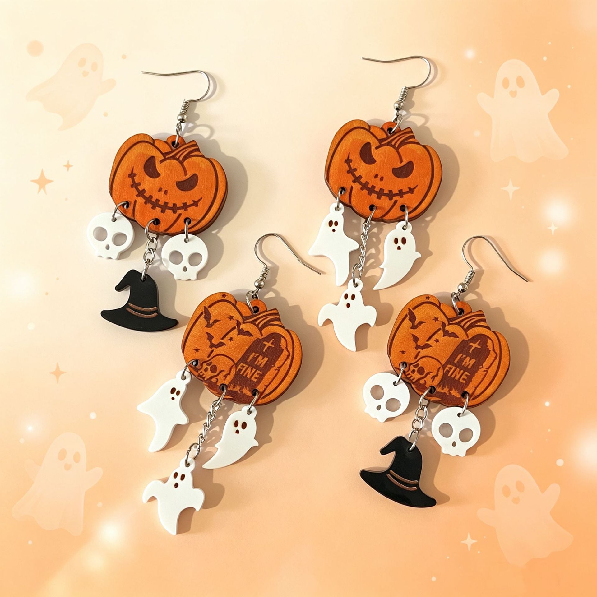 Wholesale Wooden  Earrings Pumpkin Ghost Witch Hat Skull Tombstone Jewelry Accessory For Women