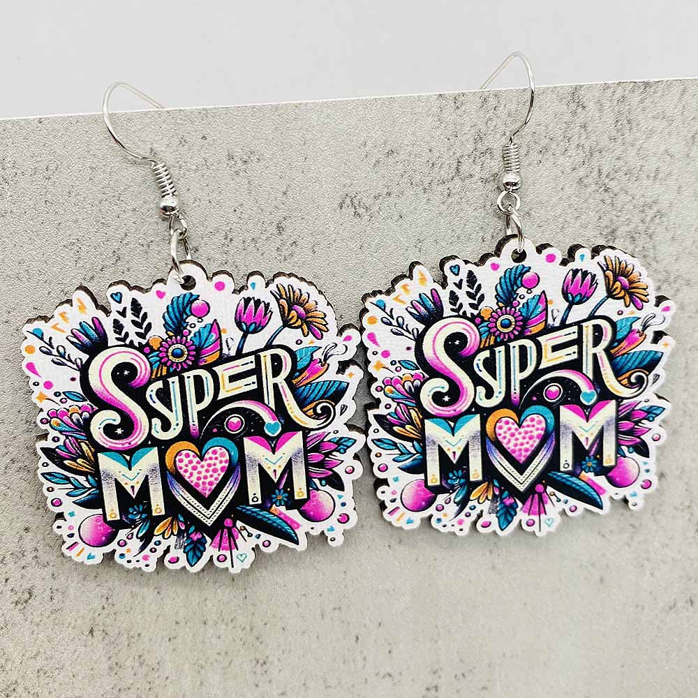 Wholesale Mother's Day Earrings Letter MOMO Bear Wooden Earrings ACC-ES-Cheny013