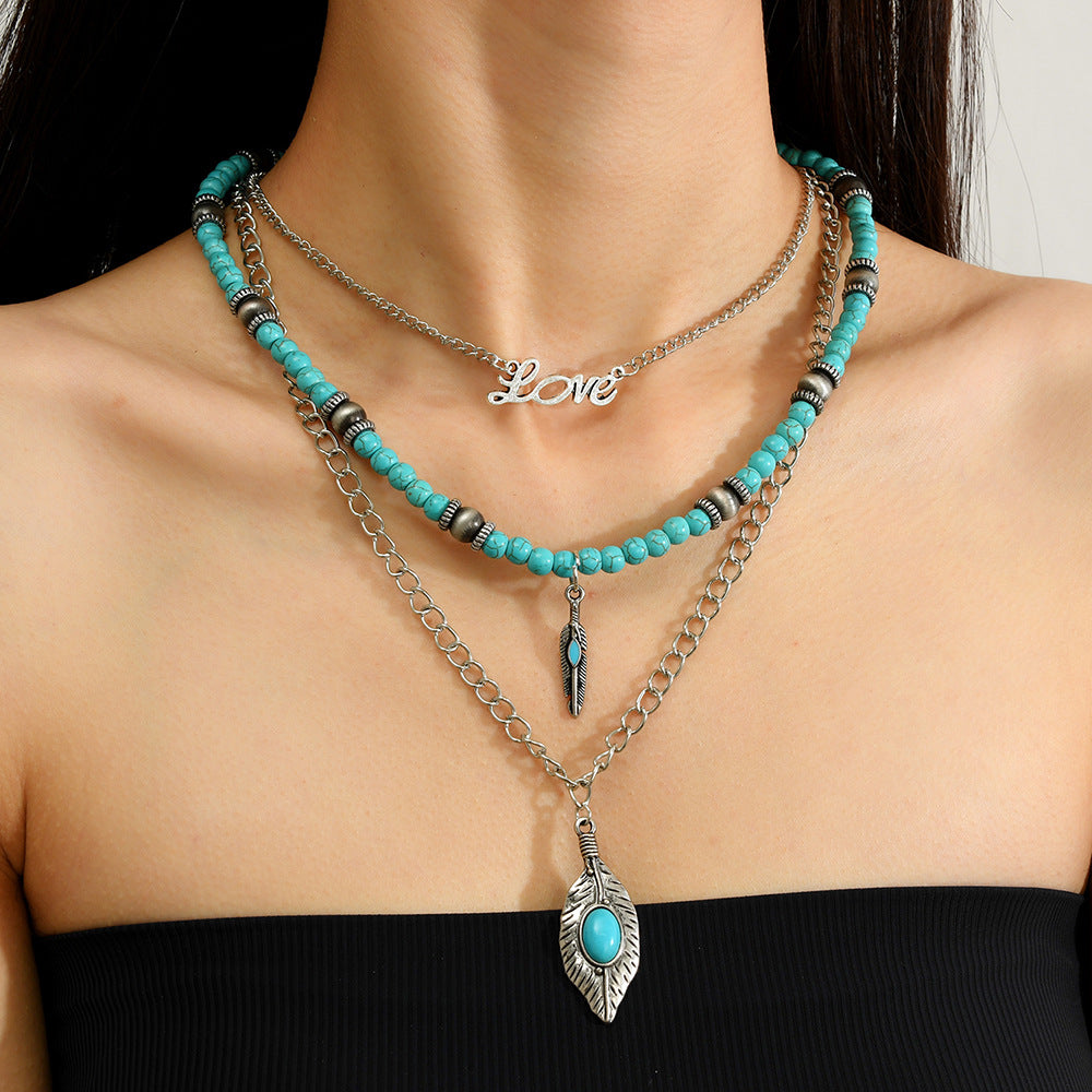 Wholesale Vintage Turquoise Beaded Layered Necklace Women Bohemian Multi Strand Pendant Jewelry Gift
