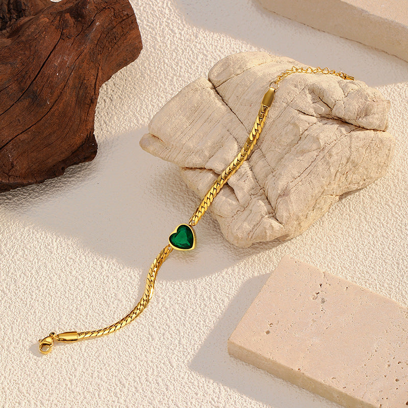 Wholesale heart-shaped green zircon  stainless steel bracelet