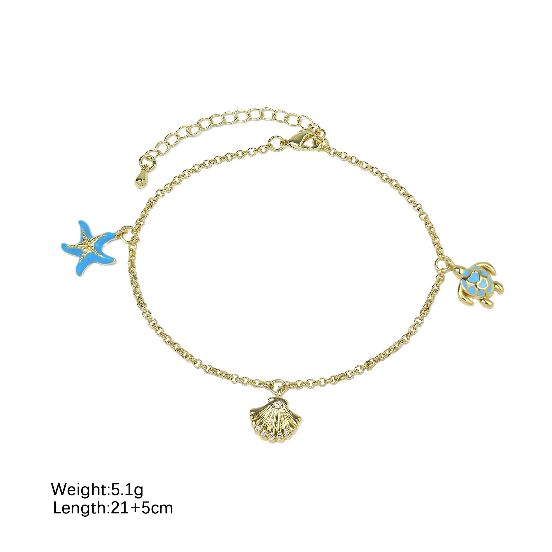 Wholesale Ocean Summer Full Diamond Zirconia Necklace with Small Fish,  Blue Starfish,  Conch Shell Multi-layer Anklet