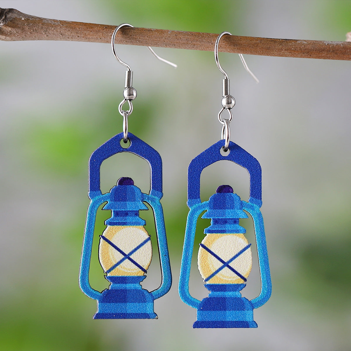 Wholesale Retro Girls Lantern Blue Oil Lamp Wooden Double Sided Earrings ACC-ES-ChuLian006