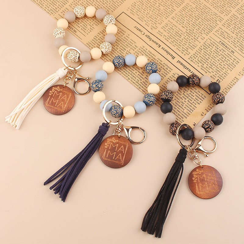 Wholesale Mother's Day MAMA wrist keychain pendant leather PU tassel DIY beaded bracelet