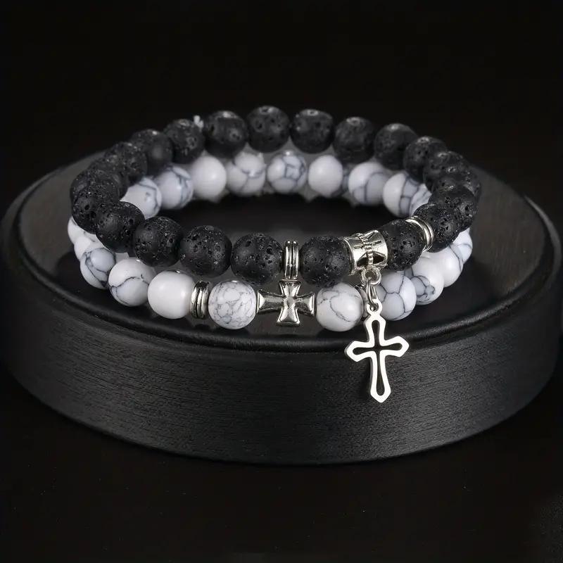 Wholesale Natural Stone Couple Bracelet Set With Cross Pendant Fashion Elastic Bead Bracelets Wedding Gift Boutique Resale