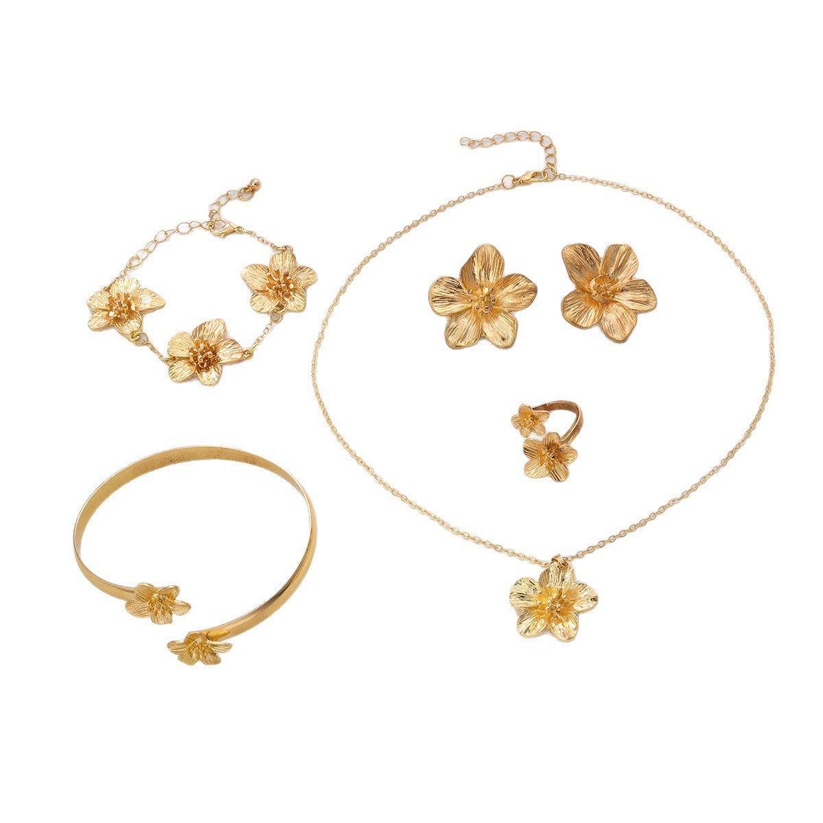 Wholesale Vintage Gold Flower Jewelry Set With Necklace Bracelet Ring Earrings Alloy Electroplated Party Wear Accessory