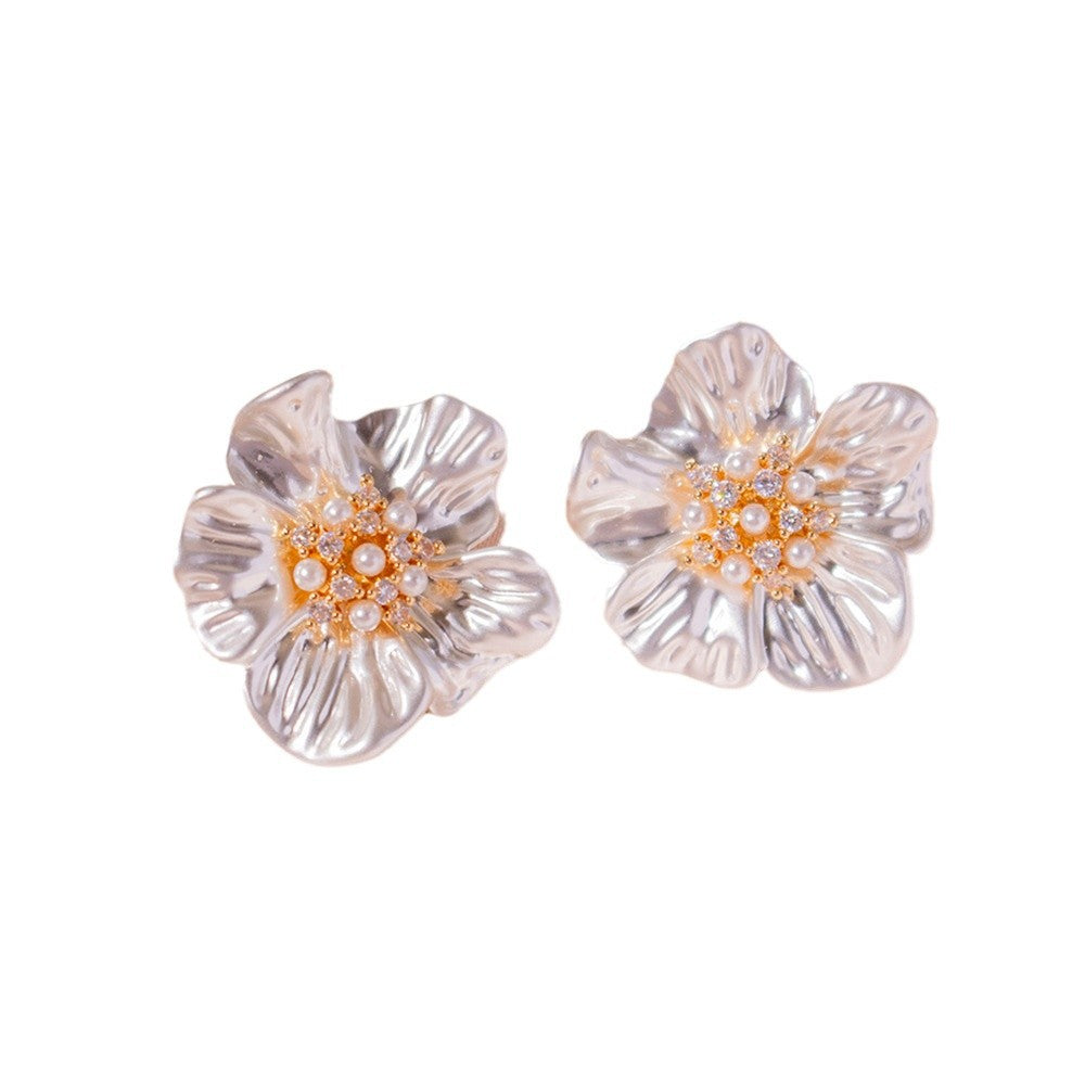 Wholesale  Zircon Pearl Camellia Ear Studs Light Luxury Flower Earrings