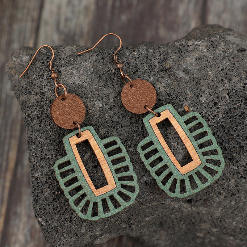 Wholesale Retro Geometric Wooden Earrings For Women Green Hollow Design Fashion Jewelry Accessory Gift