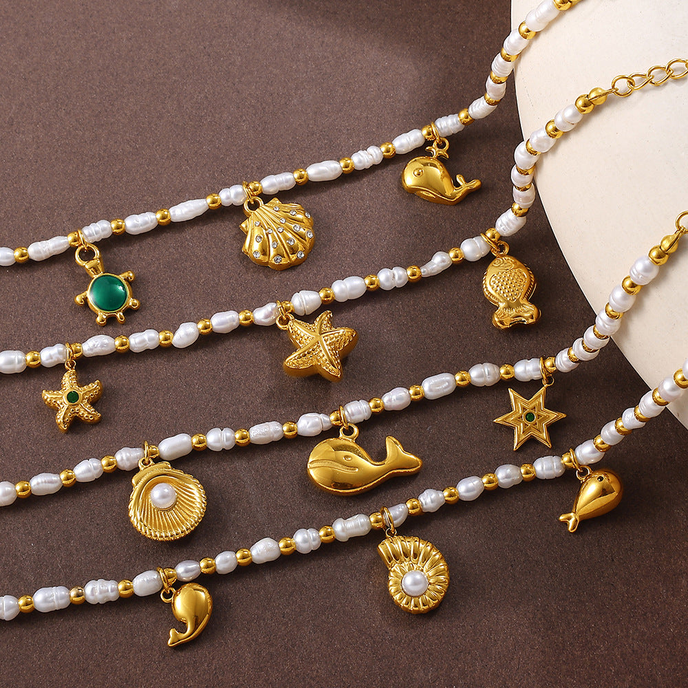 Wholesale  Fashion Creative Ocean Theme Freshwater Pearl DIY Dolphin Pendant Bracelet Plated with 18K Gold Niche Jewelry for Women