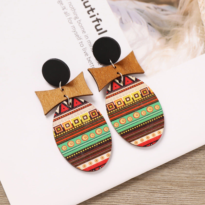 Wholesale Bohemian Wooden Ear Studs Geometric Stripe Ethnic Print Fashion Jewelry Accessory Boutique Gift