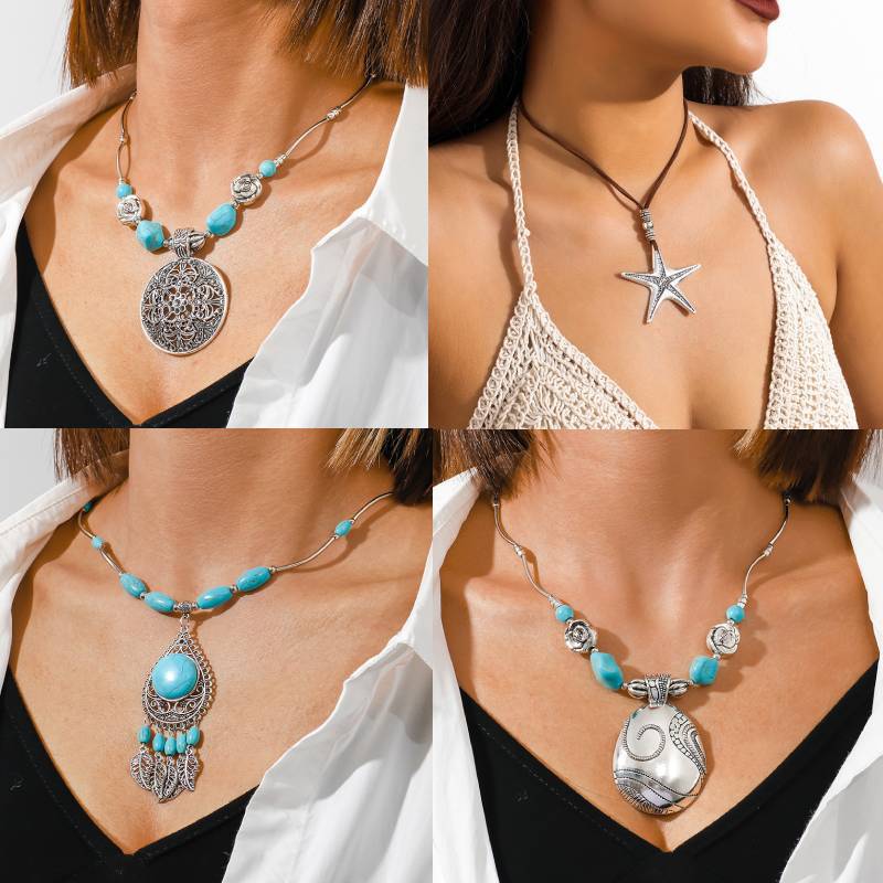 Wholesale Silver-Tone Alloy Vintage Ethnic Hollowed Turquoise Pendant Necklace,  Jewelry Accessory