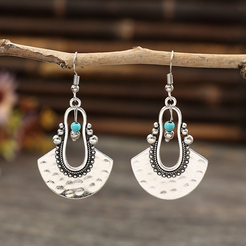 Wholesale Retro Hollow Blue Beaded Fan-Shaped Alloy Earrings Trendy Jewelry Accessory