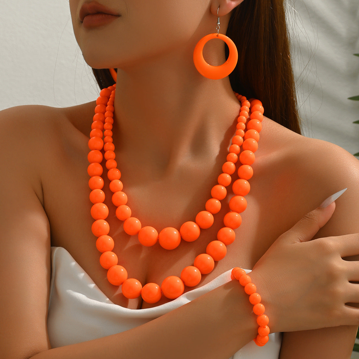 Wholesale Acrylic Beaded Hollow Drop Earrings Round Bead Bracelet Jewelry Set