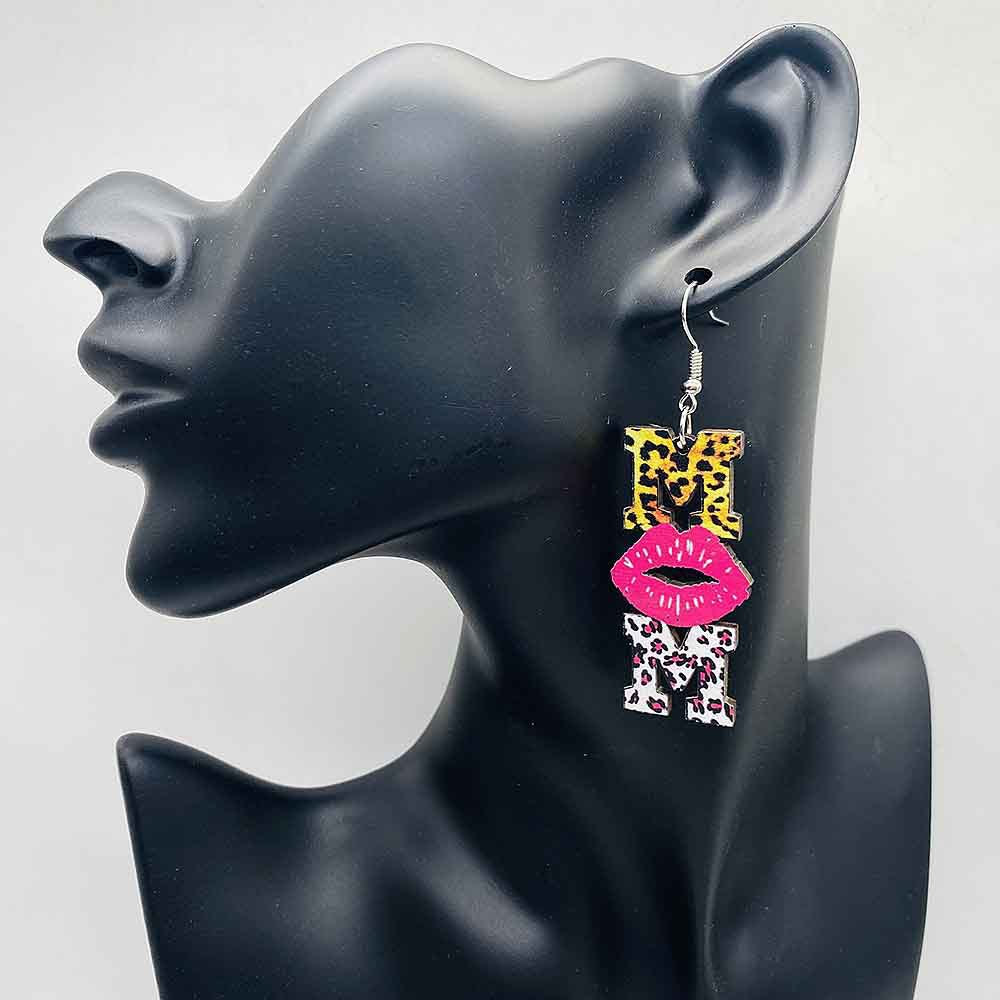 Wholesale Mother's Day MOM wooden earrings leopard print pink lips printed pendant earrings