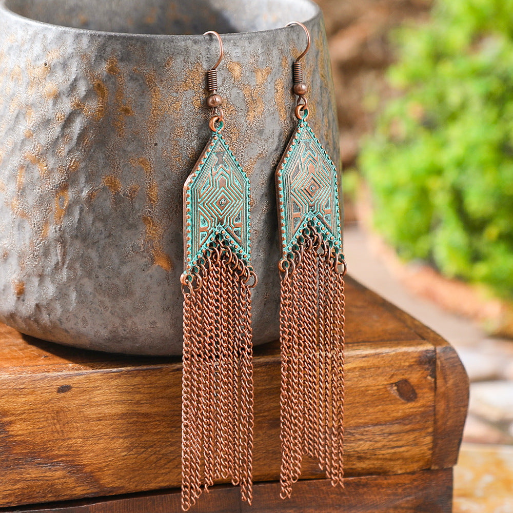 Wholesale Retro Ethnic Earrings Set Alloy Geometric Turquoise Tassel Trendy Party Accessory Gift