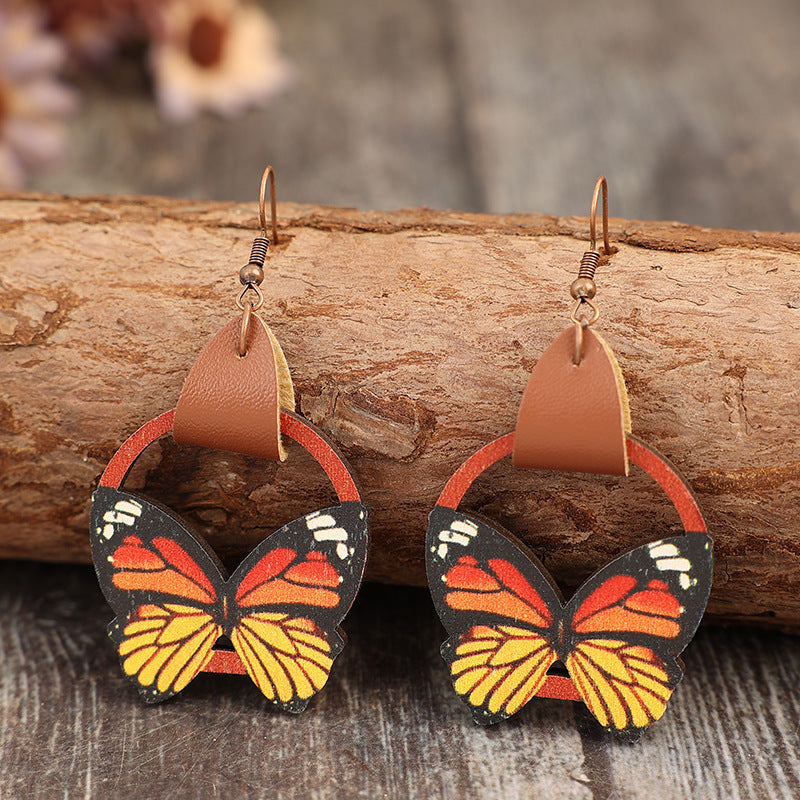 Wholesale Retro geometric circle stitching multi-color bow wooden Bohemian earrings