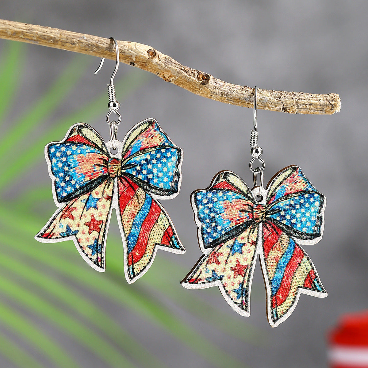 Wholesale Independence Day Element Wooden Bow Earrings