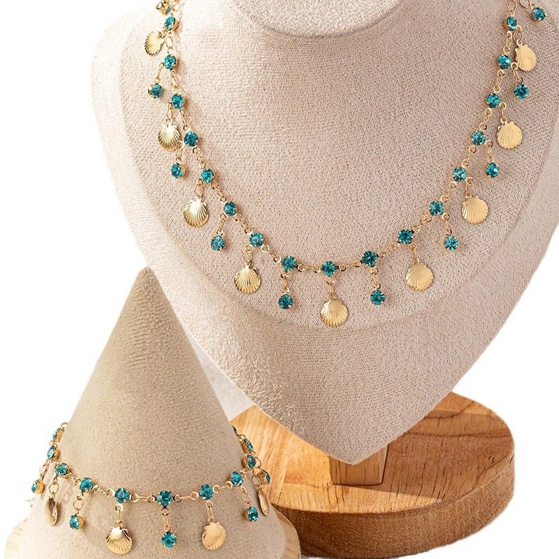 Wholesale  Explosive Fire Exotic Shell Blue Diamond Fashion Beach Holiday Bohemian Style Women Necklace suit