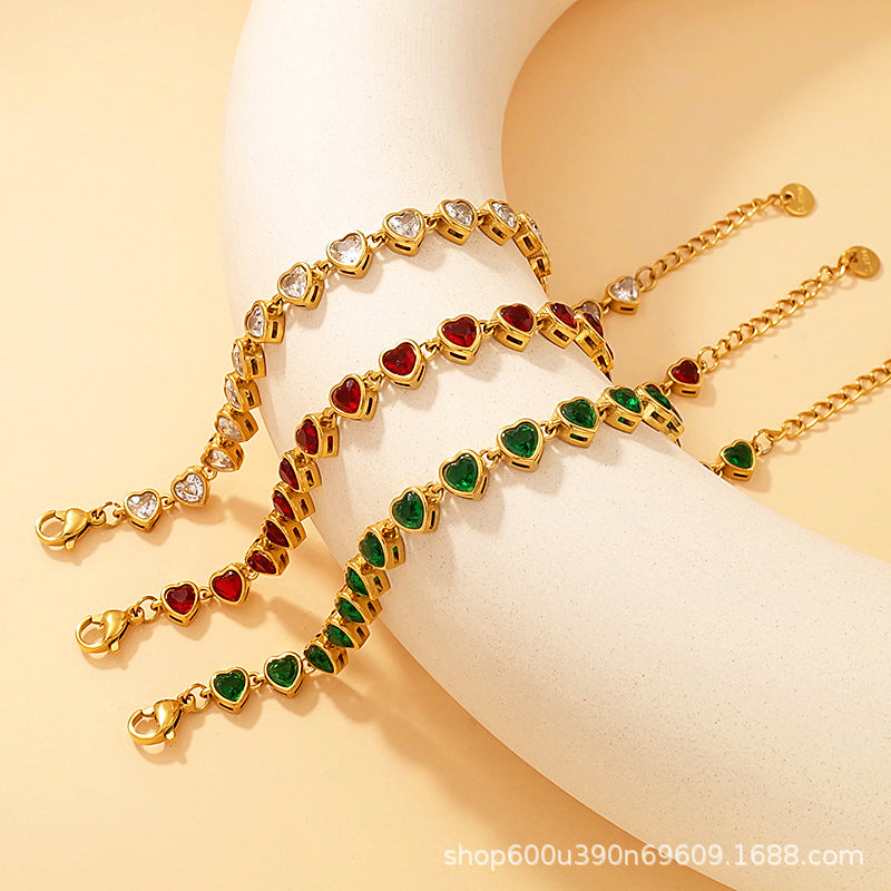 Wholesale Luxury Stainless Steel Colored Zircon Heart Bracelet
